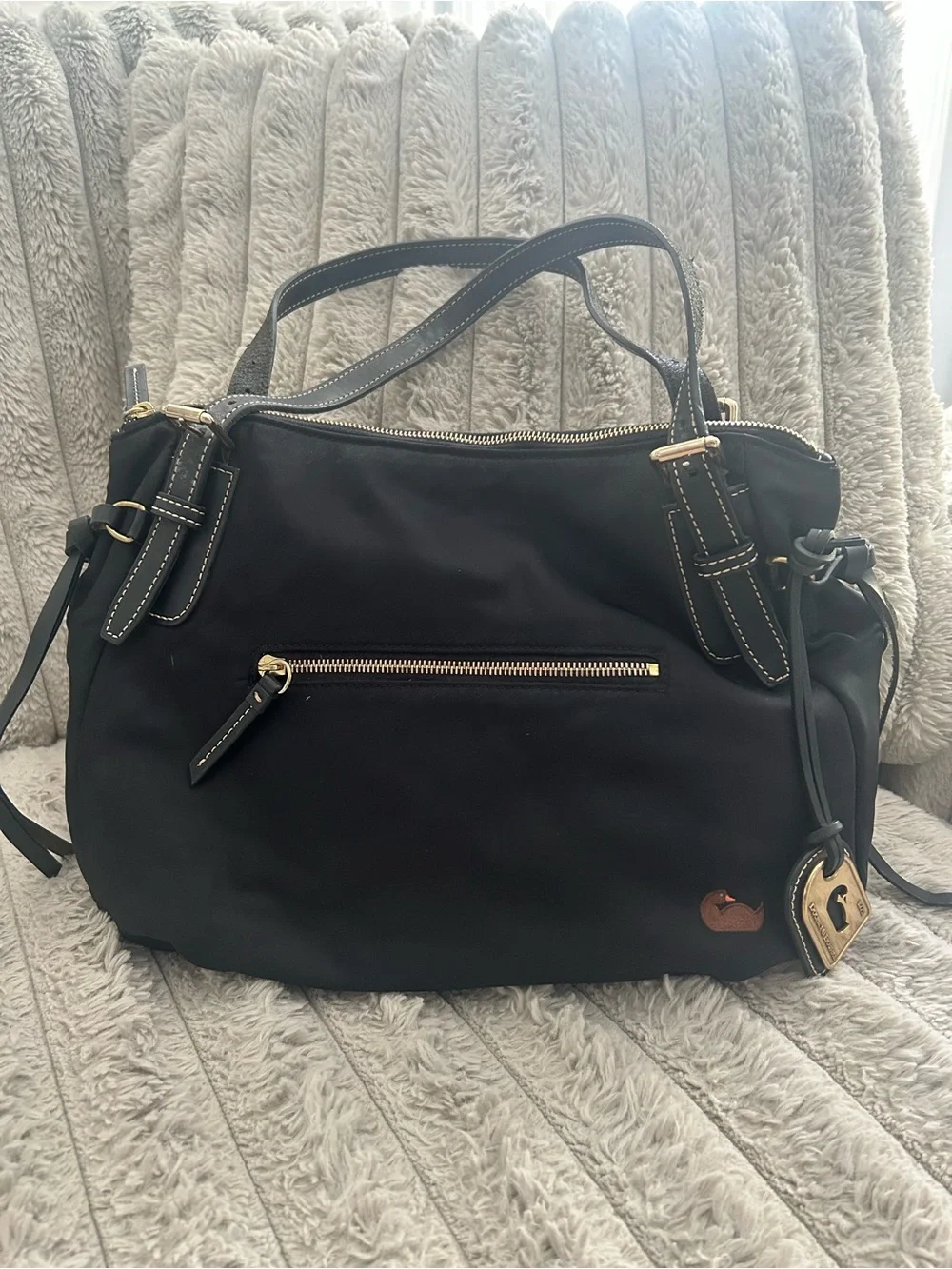 Dooney & Bourke Black Nylon Tote Bag Pink Lining Leather Trim Large Shoulder Pur